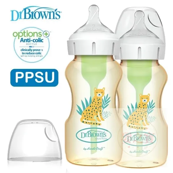 *現貨*Dr. Brown's Options+ 仿母乳排氣奶樽 - 小豹印花 (２階段奶咀) - PPSU 9oz 兩個裝