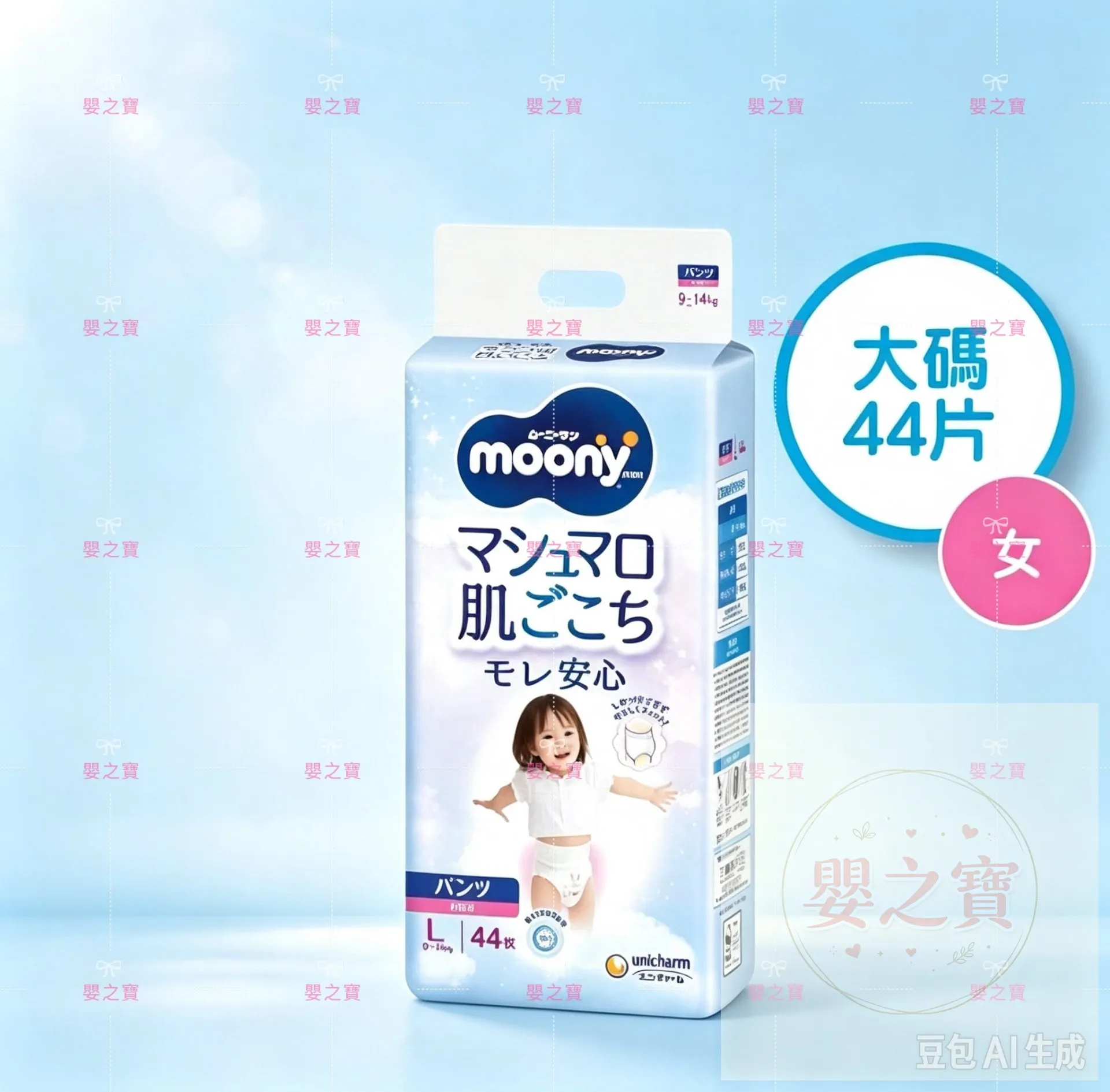 MOONY MAN 超透氣學行褲 拉拉褲 大碼褲 PL44片(女仔褲) for 9-14 kgs *任MIX 6包,可免運費送貨上門*